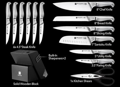 WIZEKA Kitchen Knife Set with Block: 15PCS German Stainless Steel Knife Block Set,One-Piece Design Knives Set for Kitchen, Professional Knife Set with Built-in Sharpener,Starry Sky Series Mothers Day