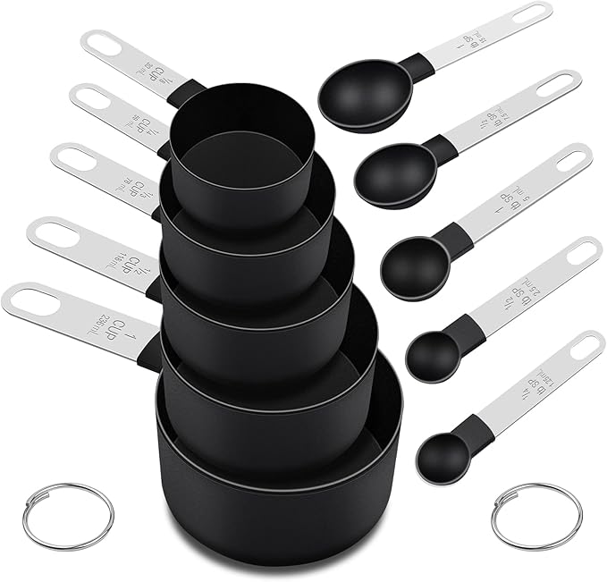 Measuring Cups and Spoons Set, 10 Pieces Nesting Measure Tools, Kitchen Essentials Gadgets with Stainless Steel Handle for Dry & Liquid Ingredient, Black by FONYA
