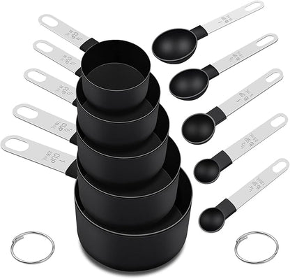 Measuring Cups and Spoons Set, 10 Pieces Nesting Measure Tools, Kitchen Essentials Gadgets with Stainless Steel Handle for Dry & Liquid Ingredient, Black by FONYA