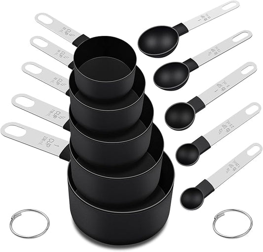 Measuring Cups and Spoons Set, 10 Pieces Nesting Measure Tools, Kitchen Essentials Gadgets with Stainless Steel Handle for Dry & Liquid Ingredient, Black by FONYA