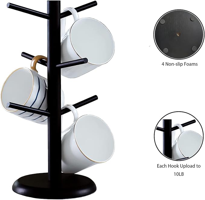 Dorhors Mug Tree,Coffee Cup Holder with 6 Hooks,Wood Mug Holder for Counter,Coffee Bar Accessories and Orgnizer station (Balck)