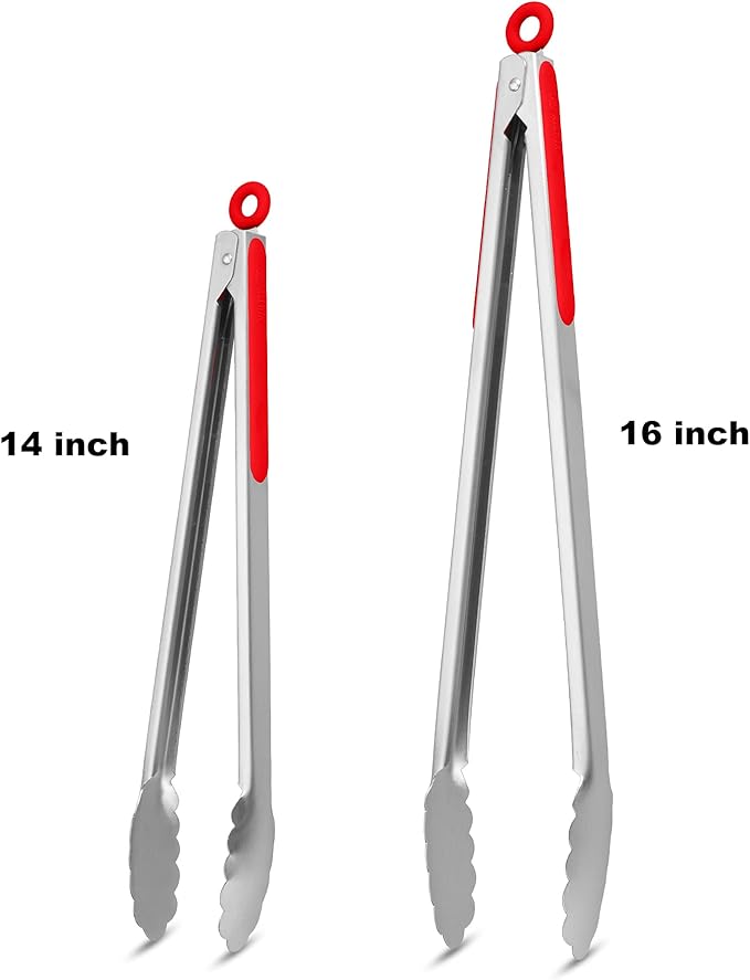 304 Stainless Steel Kitchen Cooking Tongs, 14" and 16" Set of 2 Sturdy Grilling Barbeque Brushed Locking Food Tongs with Ergonomic Grip, Red - Image 4