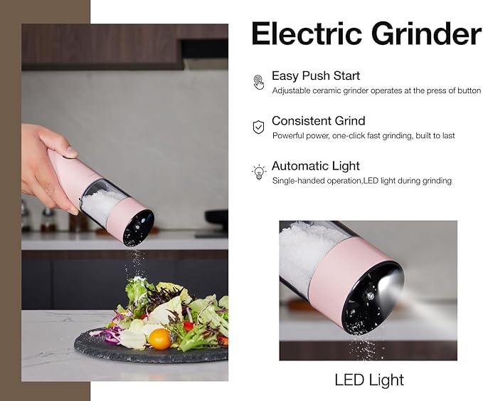 Electric Pepper Grinder and Salt Mill Set - Large Capacity USB Rechargeable Automatic Grinder with Dual LED Lights, One-Handed Operation & Slide Cover - Brushed Stainless Steel - Image 2