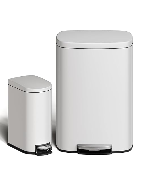 Garvee 13 gal (50 L) and 2.6 gal (10 L) Metal Trash Can Combo Set, Rustproof Garbage Can with Lid, Step-on Trash Bin with Inner Bucket, Rear Handle, White by Garvee