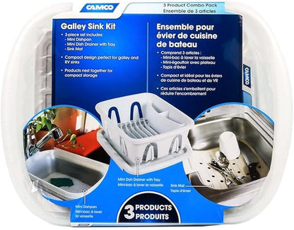 Camco 43517 White Sink Kit with Dish Drainer, Dish Pan and Sink Mat,Pack of 1