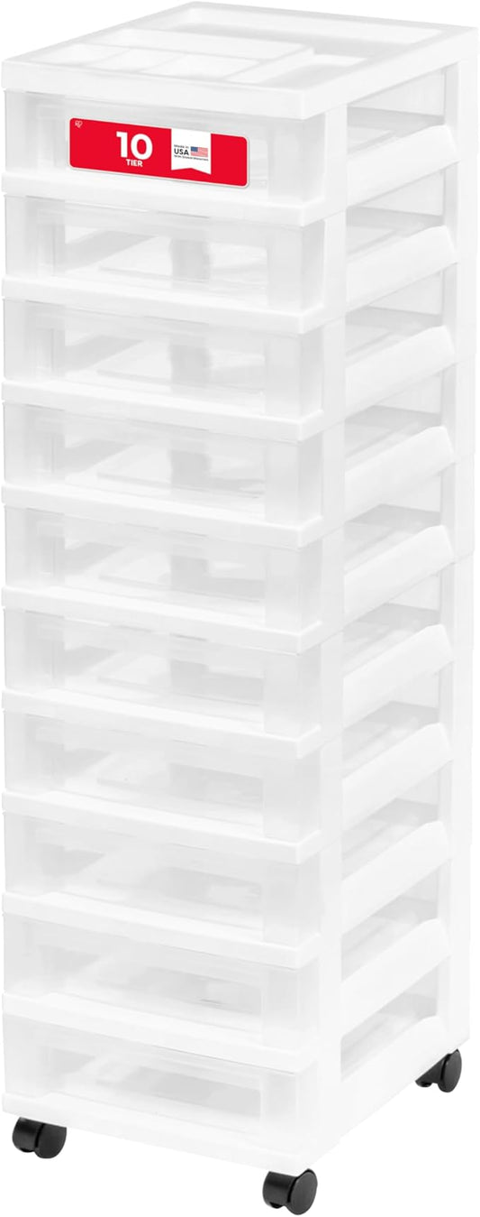 IRIS USA Plastic Drawer Storage Organizer Rolling Cart, with Wheels Casters, 10-Drawers, for Classroom Art Craft Supplies Dresser Closet Bathroom Laundry Room, White/Clear by IRISUSA