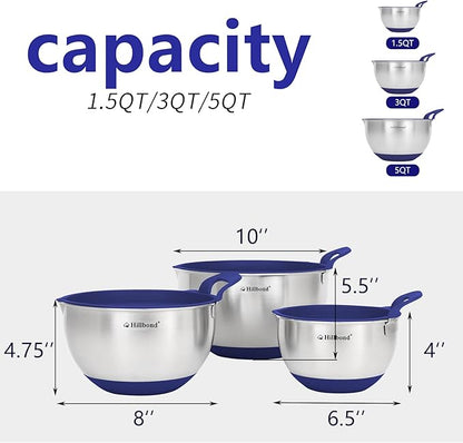 Hillbond Mixing Bowls with BPA Free Airtight Lids Stainless Steel Nesting Bowls with Pour Spout, Silicone Handle Non-Slip Bottoms for Baking, Dishwasher Safe Metal Bowls, 1.5, 3, 5 QT (Blue)