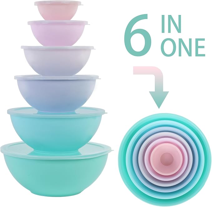 BoxedHome BPA Free Plastic Round Mixing Bowl with Lids, 12 Pack Nesting Bowls with Lids Set, Microwave and Dishwasher Safe Prep & Serving Bowls Great for Mixing, Baking, Serving (pinkish green, 12pcs) - Image 5