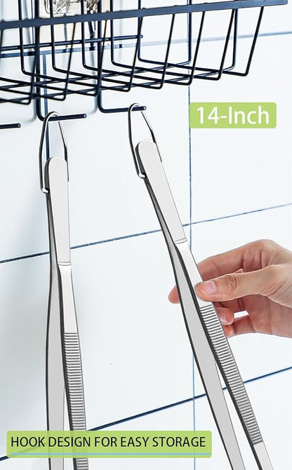 JETKONG 2 Pcs 14-Inch Food Tweezers Stainless Steel Tweezer Tongs Extra-Long Cooking Tweezers (Silver) - Image 6