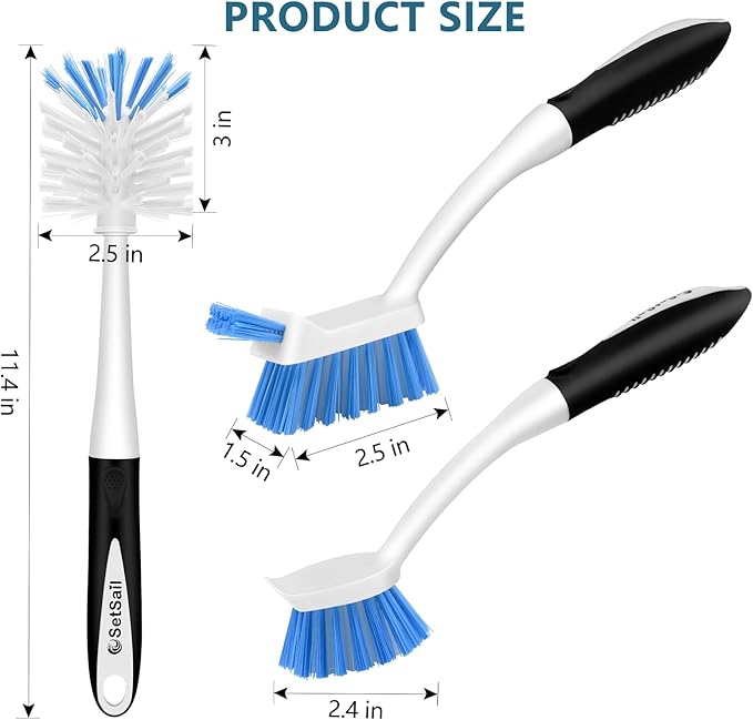 SetSail Dish Brush Set of 3 with Bottle Brush, Dish Scrub Brush with Long Handle Deep Cleaning Handle Brush with Scraper Tip for Kitchen Sink Dishes Bottle Cup Pot and Pans Tile Lines, Black Blue - Image 2