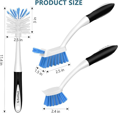 SetSail Dish Brush Set of 3 with Bottle Brush, Dish Scrub Brush with Long Handle Deep Cleaning Handle Brush with Scraper Tip for Kitchen Sink Dishes Bottle Cup Pot and Pans Tile Lines, Black Blue - Image 2