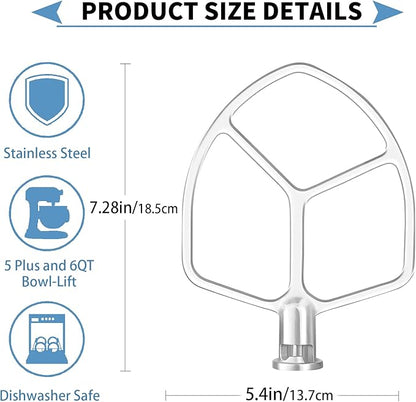 Stainless Steel Flat Beater Attachment Compatible with KitchenAid 5 Plus -6QT Mixer Bowl Lift Stand Mixer, Quick Kneading of Bread, Pasta, Cookies, Pizza, Etc. Dishwasher Safe