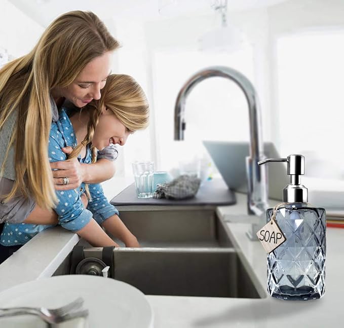 JASAI Diamond Design Glass Soap Dispenser with 304 Rust Proof Stainless Steel Soap Pump, 12 Ounce Kitchen Soap Dispenser for Bathroom, Hand Soap, Dish Soap (Grey) - Image 4