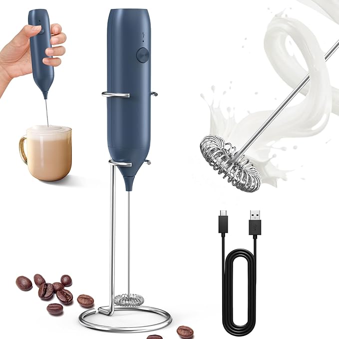 CIRCLE JOY Rechargeable Milk Frother Handheld with Stand, Coffee Frother Wand Drink Mixer with Dual Spring Whisk for Coffee, Cappuccino, Lattes, Frappe, Matcha and Hot Chocolate, Blue by CIRCLEJOY