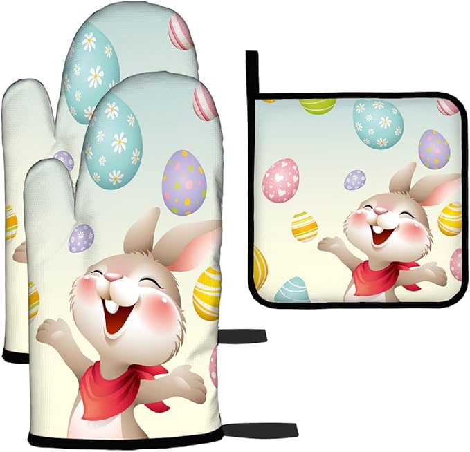 LOKMU Oven Mitts and Pot Holders Set of 3, Smiley Bunny with Easter Eggs Heat Resistant Kitchen Gloves Hot Pads for Cooking Baking BBQ, Kitchen Decor Gifts for Cooking Lover Cooks