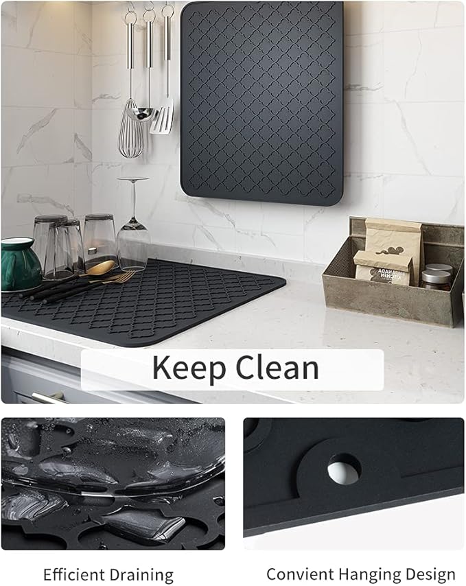 AMOAMI-Dish Drying Mats for Kitchen Counter-Silicone Dish Drying Mat-Kitchen Dish Drying Pad Heat Resistant Mat-Kitchen Gadgets Kitchen Accessories Kitchen Small Appliances(12" x 16", BLACK) - Image 2