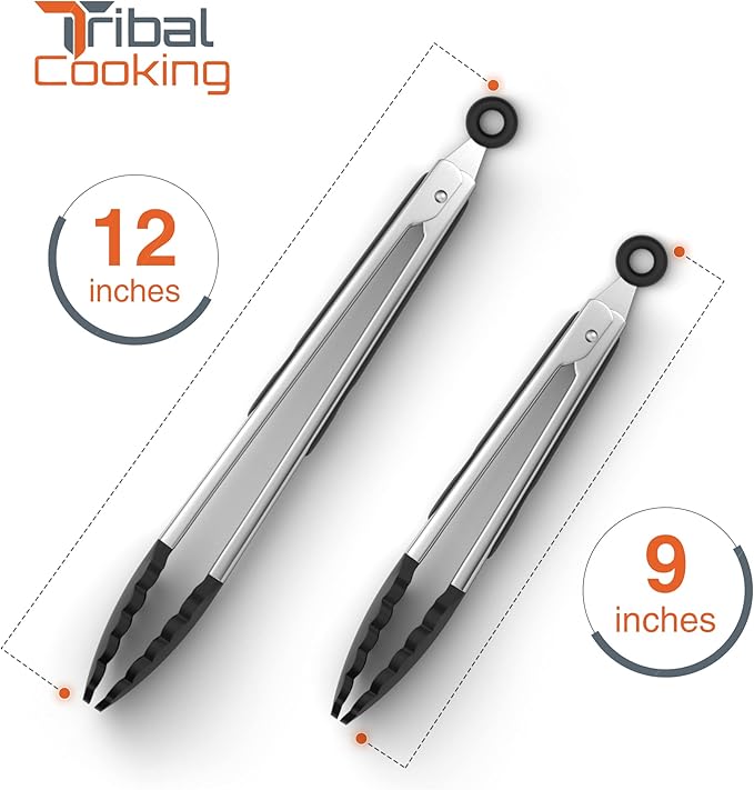 Tribal Cooking Kitchen Tongs with Silicone Tips - Stainless Steel tongs for cooking - 9" and 12" Tongs With Silicone Rubber Non Slip Grips, Heat Resistant Metal Tongs. - Image 3