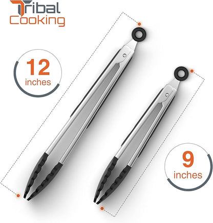 Tribal Cooking Kitchen Tongs with Silicone Tips - Stainless Steel tongs for cooking - 9" and 12" Tongs With Silicone Rubber Non Slip Grips, Heat Resistant Metal Tongs. - Image 3