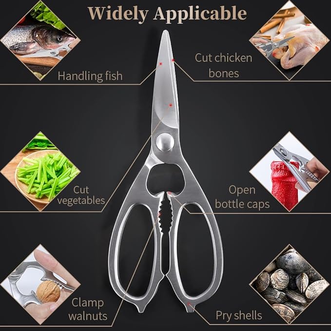 Newness Multi-Purpose Kitchen Scissors, Premium Stainless Steel Solid Kitchen Shears for Can Opener, Walnut Cracker, Heavy Duty Poultry Scissors with Sharp Blade for Cutting Turkey, Chicken, Bones - Image 6