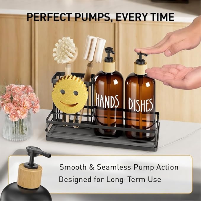 Moforoco Kitchen Dish Soap Dispenser Set, 16OZ Glass Bottle, Hand and Dish Soap Dispenser Set, Instant Dry Tray, Brush Holder with Smiley Face Sponge Holder (Black Tray+Amber Bottle) - Image 5