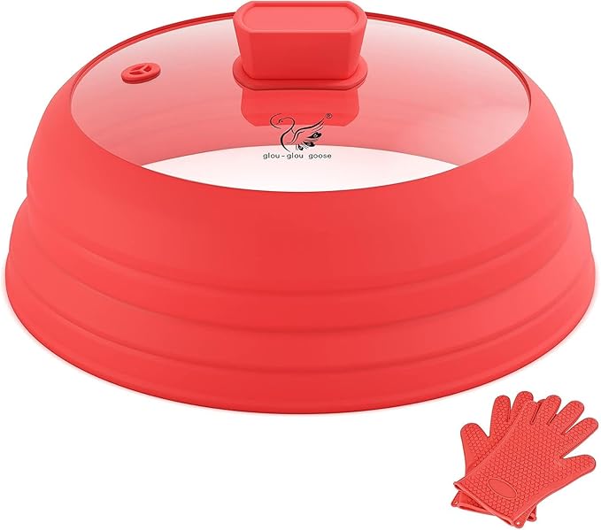 Microwave Splatter Cover Glass with Collapsible Silicone for Food Cover Plate Cover 10.8 inch with Anti-Scalding Gloves by GGG-GLOU-GLOUGOOSE