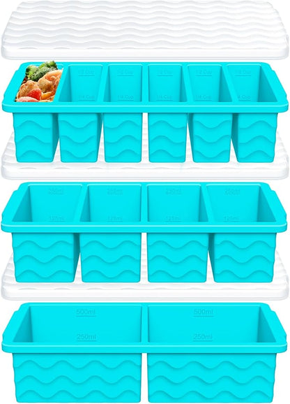 3-Pack Silicone Freezer Trays with Lid,2 Large 2-Cup(500ml)&4 Medium 1-Cup(250ml)&6 Small 1/2-Cup(125ml) Soup Freezer Container Molds,Ice Cube Tray For Meal Prep&Freezing Soup,Stews,Sauces