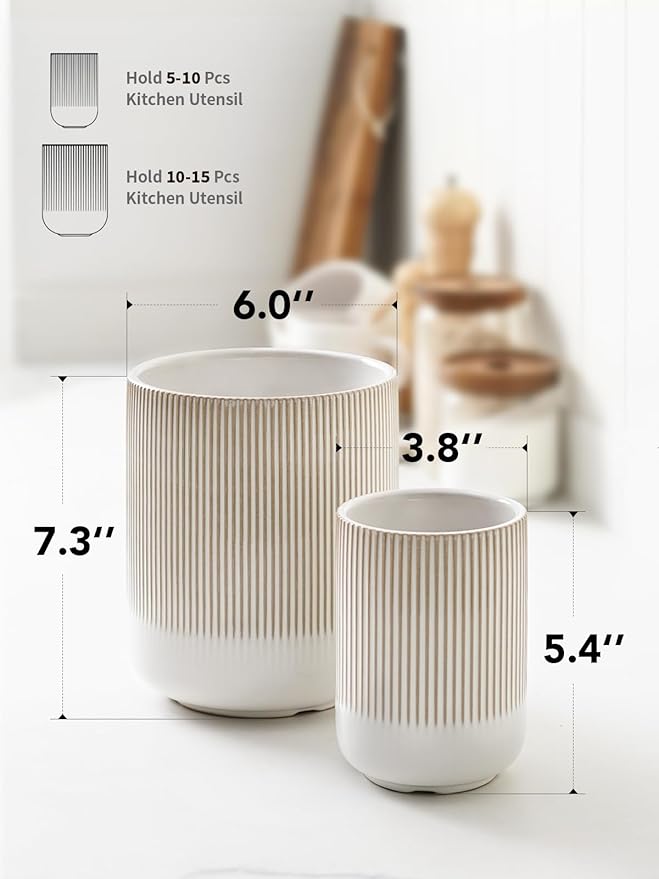 LE TAUCI Utensil Holder for Kitchen Counter, 7.3"+5.4" Fluted Ceramic Utensil Crock Organizer for Countertop, Heavy Large Holder for Spatulas, Spoons, Set of 2, Warm White Glaze - Image 6
