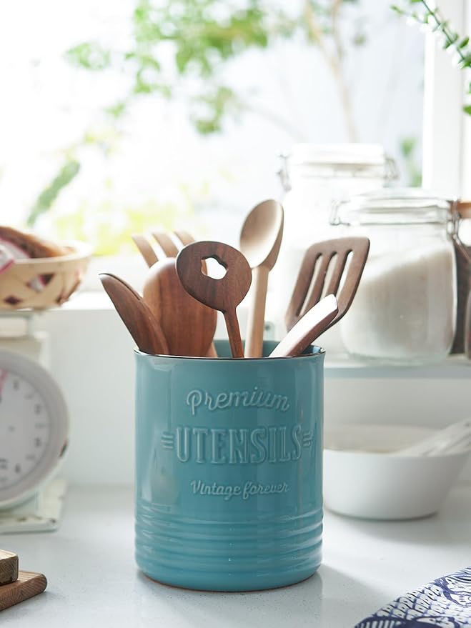 DOWAN 7.2″ Extra Large Kitchen Utensil Holder - Farmhouse Utensil Holder for Countertop - Ceramic Utensil Crock with Protection Cork Mat - Kitchen Decor & Housewarming Gift (Turquoise) - Image 3