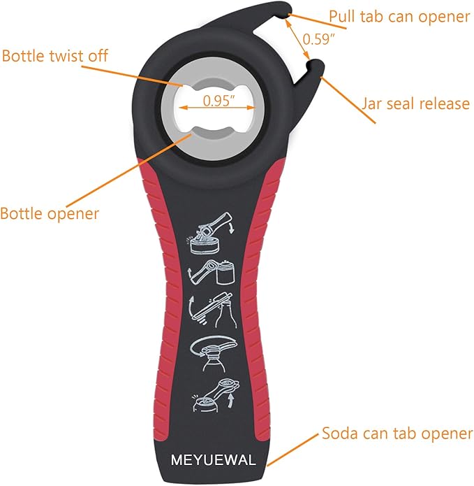Jar Opener Bottle Opener for Weak Hands, 5 in 1 Multi Function Can Opener Bottle Opener Kit with Silicone Handle Easy to Use for Children, Elderly and Arthritis Sufferers (New red) - Image 5