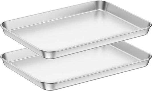 Baking Sheets 2 Pieces, Bastwe Cookie Sheets Set Stainless Steel Baking Pans Toaster Oven Tray Pans, Rectangle Size 12 × 10 × 1 inch, Rustproof & Healthy & Easy Clean & Dishwasher Safe by BASTWE