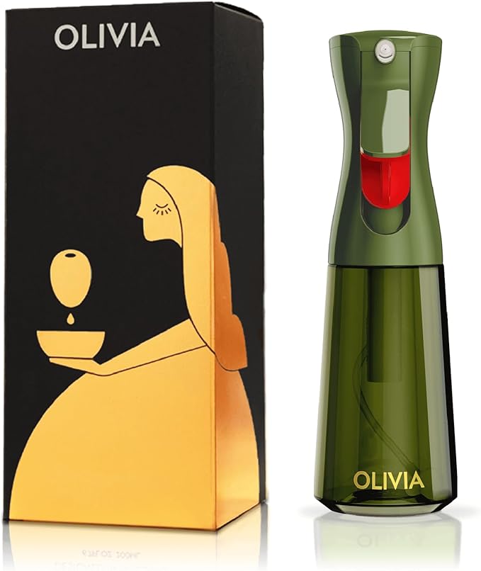 FLAIROSOL OLIVIA Oil Sprayer for Cooking, 200ml Glass Olive Oil Sprayer, Continuous Oil Spray Bottle with Portion Control, Oil Dispenser for Kitchen, Air Fryer, Salad, BBQ (Green Bottle, Gold Print) by Flairosol