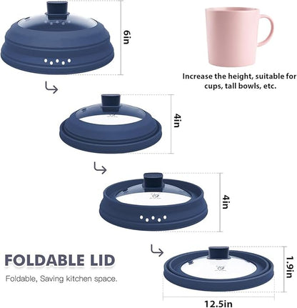 Tall Microwave Splatter Cover Glass Cover Guard Lid 6 inch Height with Collapsible Silicone for Food Pot Plate 12.5 inch Dark Blue