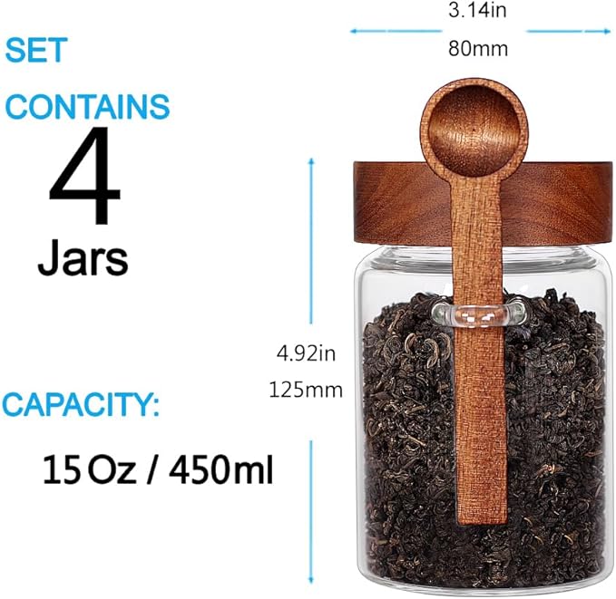 SAIOOL Loose Leaf Tea Storage Canister Set, 4 Pieces 16 OZ Glass Tea Containers with Wooden Lids and Spoons for Loose Tea, Coffee, Sugar, Oatmeal, Herbs (Tea Canisters) - Image 3
