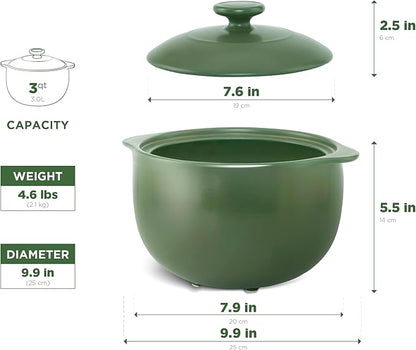 MINH LONG 3-Qt Porcelain Dutch Oven with Lid – Lead & Cadmium Free, Oven Safe to 482°F, Heat Retention, Clay Pot for Cooking on Gas & Infrared Cooktop, Use to Marinate, Cook, Bake, Refrigerate & Serve