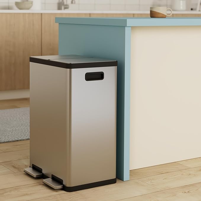 SIMPLI-MAGIC 60 Liter / 16 Gallon Rectangular Hands-Free Dual Compartment Recycling Kitchen Step Trash Can with Soft-Close Lid, Brushed Stainless Steel - Image 2