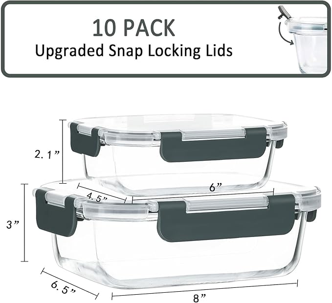 [10-Pack] Glass Meal Prep Containers with Lids, MCIRCO Food Storage Containers with Snap Locking Lids, Airtight Lunch Containers, Microwave, Oven, Freezer and Dishwasher - Image 2