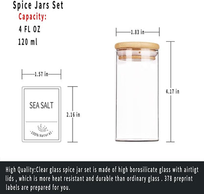 Churboro 30 Pcs Spice Jars with Label- Glass Spice Jars with Bamboo LIds and 400 Labels, 4 OZ Empty Seasoning Containers for Kitchen Sugar Salt