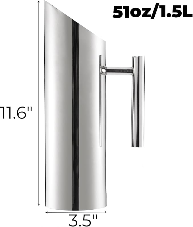 Hiceeden Stainless Steel Water Pitcher, 51oz/1.5L Modern Metal Pitcher with Ice Guard, Silver Carafe Drink Pitcher with Handle, Beverage Container for Iced/Hot Tea, Juice, Coffee, Milk - Image 2