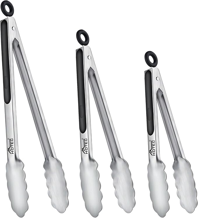 Hotec Stainless Steel Kitchen Tongs, Set of 3-7", 9" and 12", Locking Metal Food Tongs for Cooking, Serving, BBQ, Grill with Non-Slip Grip by Hotec