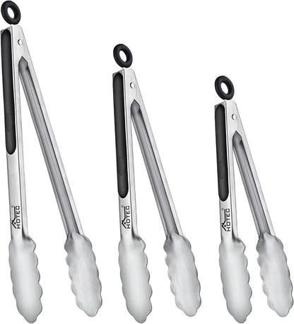 Hotec Stainless Steel Kitchen Tongs, Set of 3-7", 9" and 12", Locking Metal Food Tongs for Cooking, Serving, BBQ, Grill with Non-Slip Grip by Hotec