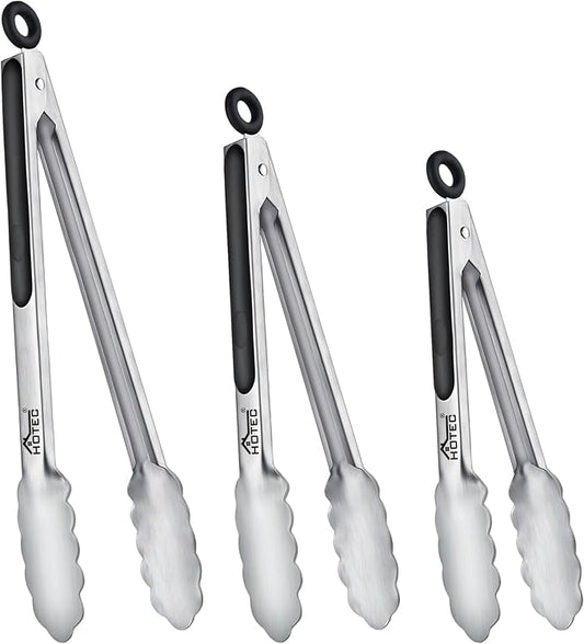 Hotec Stainless Steel Kitchen Tongs, Set of 3-7", 9" and 12", Locking Metal Food Tongs for Cooking, Serving, BBQ, Grill with Non-Slip Grip by Hotec