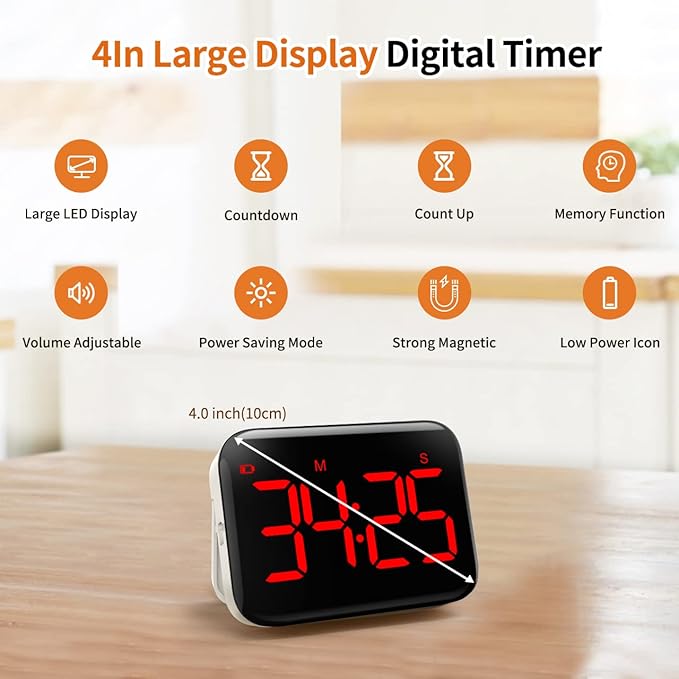 VOCOO Magnetic Kitchen Timer for Cooking with Count Up Countdown, Digital Timer Battery Powered with Large Display, 2 Brightness and Volume Levels for Classroom, Teacher, Kids (Red) - Image 2