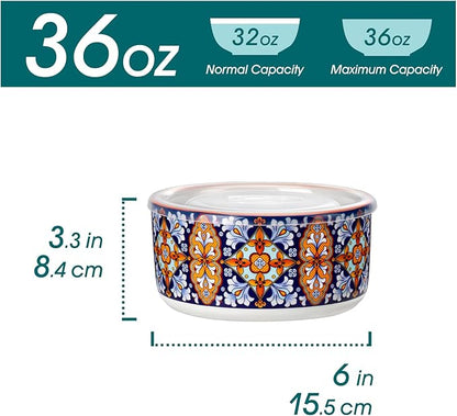 vancasso 36 oz Ceramic Bowls with Lids Set of 4, 6 Inch Food Storage Containers & Prep Bowls for Leftovers, Soup, Cereal, Meal Prep, Office Lunch, Microwave & Dishwasher Safe, Series SIMI