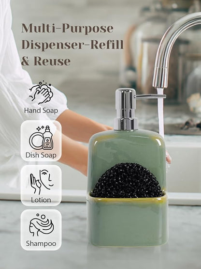 INGOFIN Kitchen Dish Soap Dispenser with Sponge Holder, 2-in-1 Ceramic Refillable Hand Soap Bottle & Sponge Caddy Set, for Kitchen Sink Organizer and Bathroom, Green