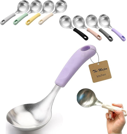 Korean Mukbang Spoon, Serving Spoon, Multipurpose Stainless Steel Ladle Silicone handle Serving Cooking Ladle 먹방 스푼,미니 국자, 서빙스푼 전현무 국자 (Purple)