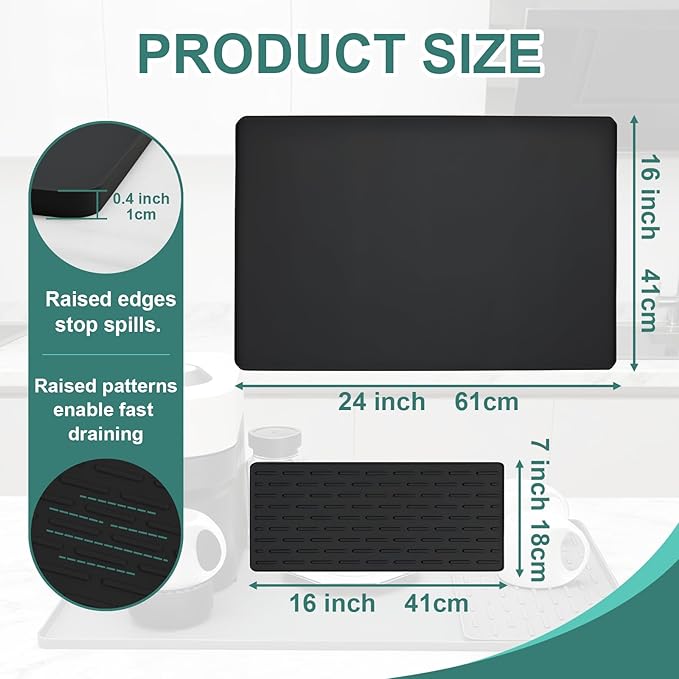 Silicone Coffee Mat, 24"X16" Heat-Resistant,Eco-friendly,Hygienic Drying Pad,Leak-Proof and Non-Slip,Removable Silicone Mat with Concave and Convex Design,（Black 24X16） - Image 3