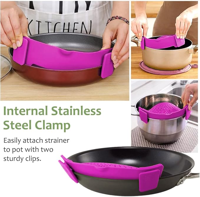 YEVIOR Clip on Strainer for Pots Pan Pasta,Silicone Food Strainer Hands-Free Pan Strainer, Clip-on Kitchen Food Strainer for Spaghetti, Pasta, Ground Beef Fits All Bowls and Pots (Purple) - Image 5