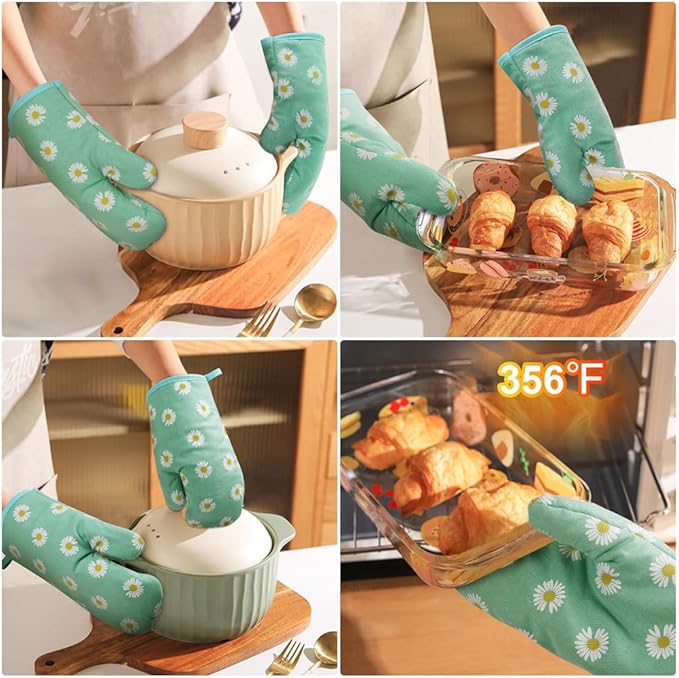 AUAUY Oven Mitts and Potholders, BBQ Gloves Heat Resistant, 1 Pair Oven Mitts and 2 Pot Holders, Cotton Non-Slip Cooking Gloves Home Essentials for Cooking Baking Kitchen Microwave Pizza (Daisy-Green) - Image 5