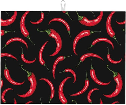 Chili Pepper Dish Drying Mat Red Hot Chili Pepper Black Drying Rack Pad Countertop Dishes Ultra Absorbent Microfiber Kitchen Counter Mat 18x24 Inch
