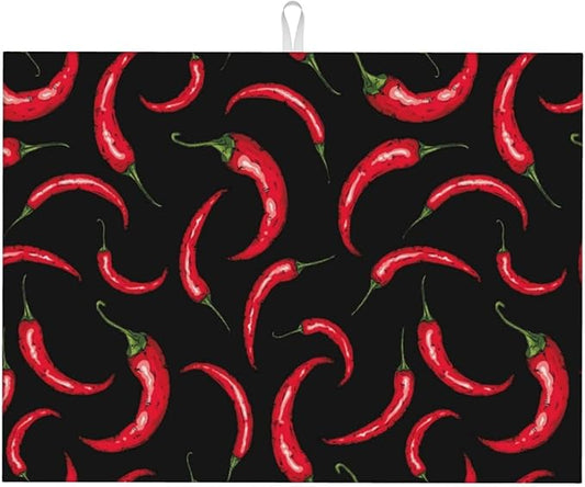 Chili Pepper Dish Drying Mat Red Hot Chili Pepper Black Drying Rack Pad Countertop Dishes Ultra Absorbent Microfiber Kitchen Counter Mat 18x24 Inch